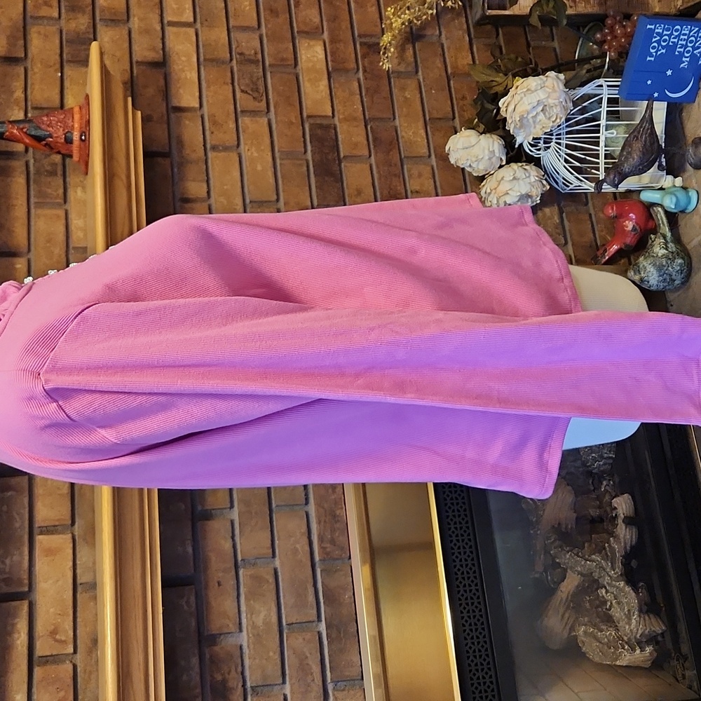CeCe Vibrant Pink Rhinestone Button Henley Y2k Ribbed Ruffled Base Layer Shirt - Picture 6 of 16